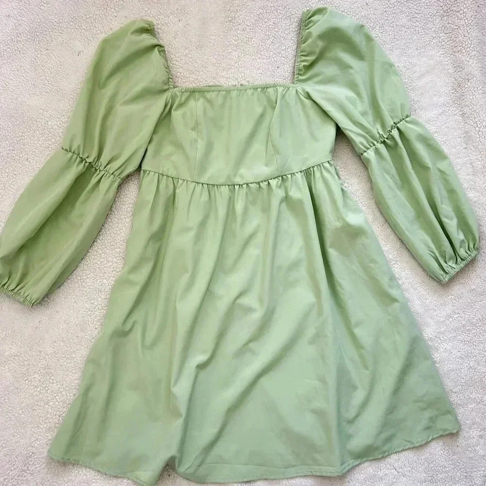Green Long Puffed Sleeve Mini Dress